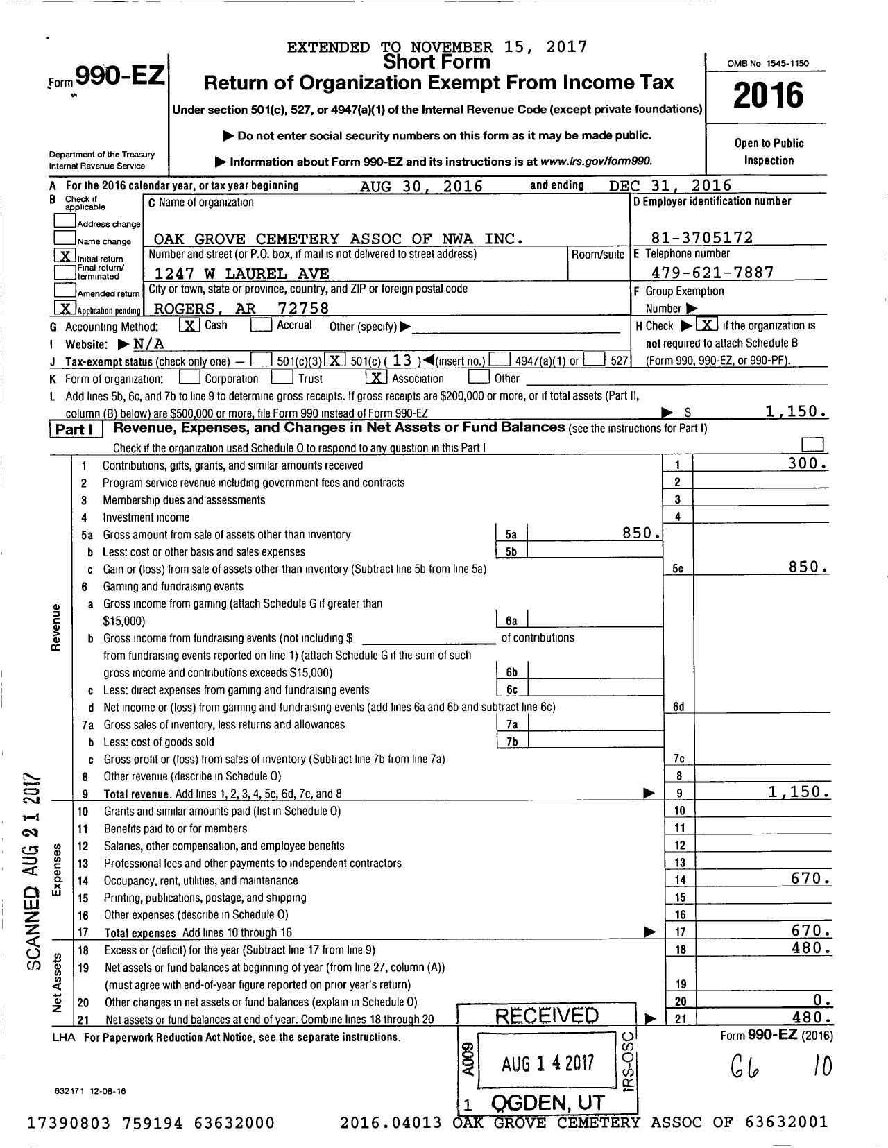 Image of first page of 2016 Form 990EO for Oak Grove Cemetery Association of Nwa