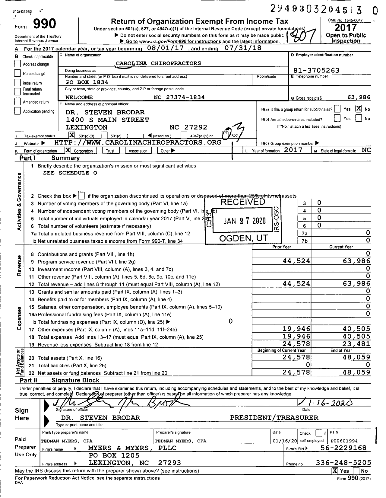 Image of first page of 2017 Form 990 for Carolina Chiroparctors