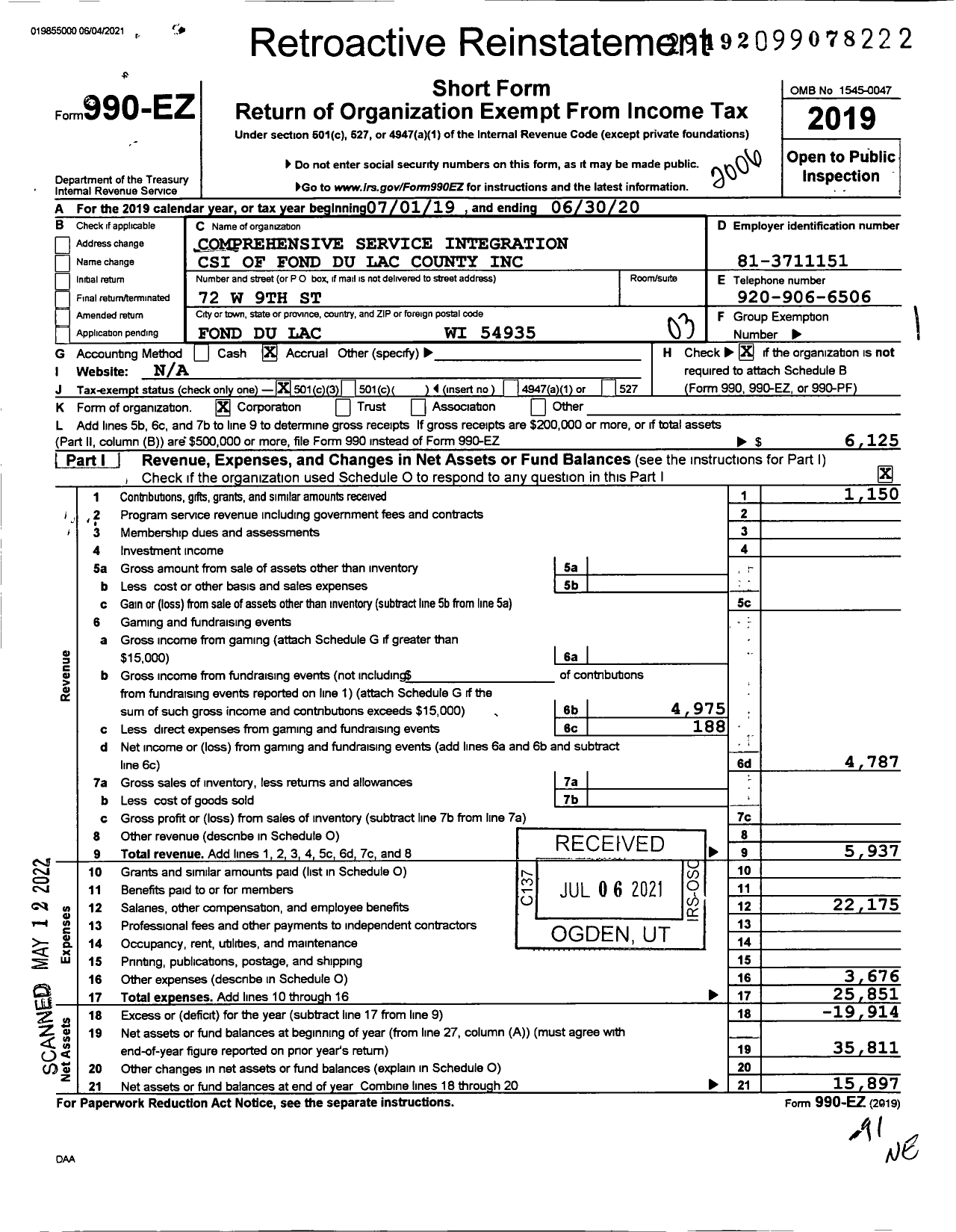 Image of first page of 2019 Form 990EZ for Comprehensive Service Integration of Fond Du Lac County