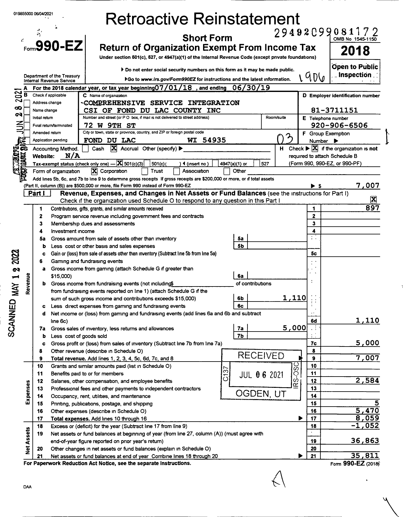 Image of first page of 2018 Form 990EZ for Comprehensive Service Integration of Fond Du Lac County