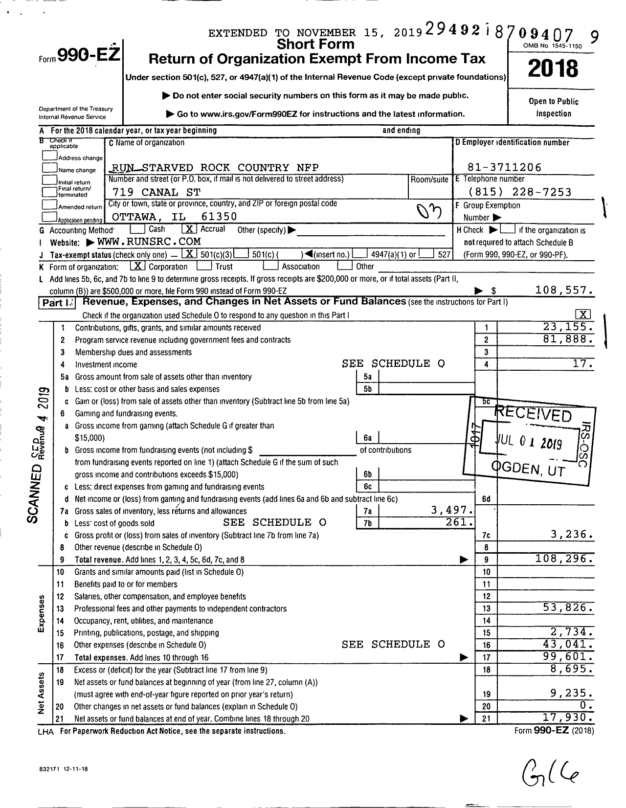 Image of first page of 2018 Form 990EZ for Run Starved Rock Country NFP