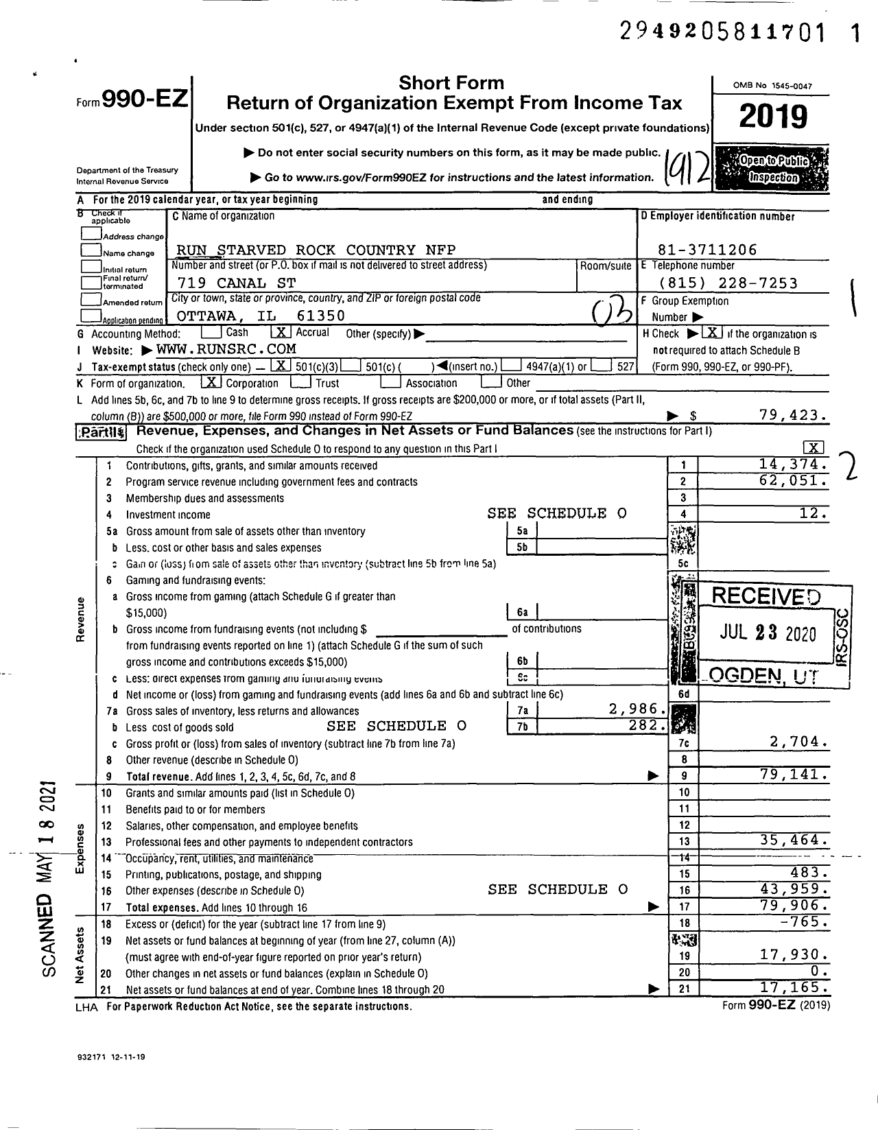 Image of first page of 2019 Form 990EZ for Run Starved Rock Country NFP