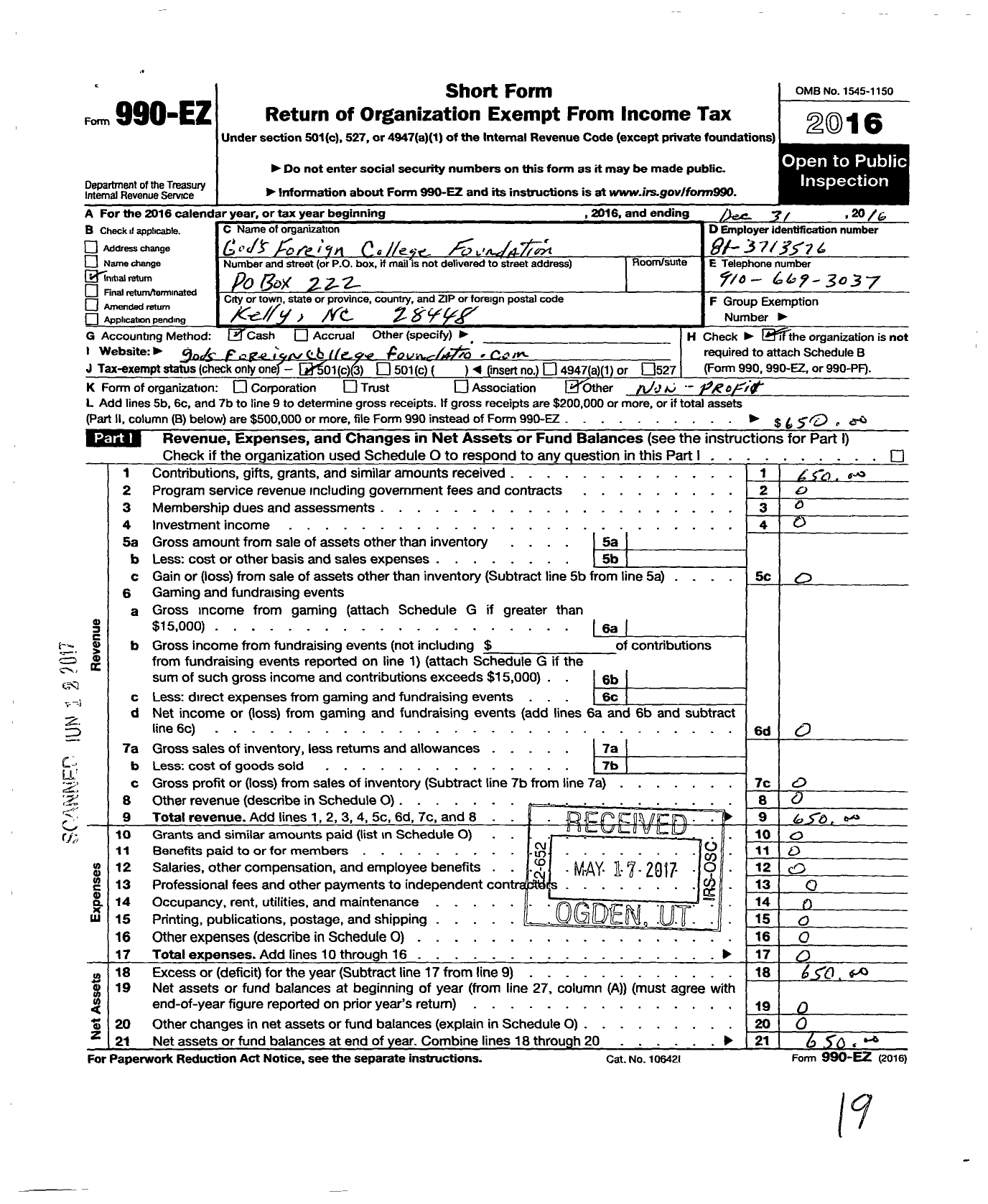 Image of first page of 2016 Form 990EZ for Gods Foreign College Foundation