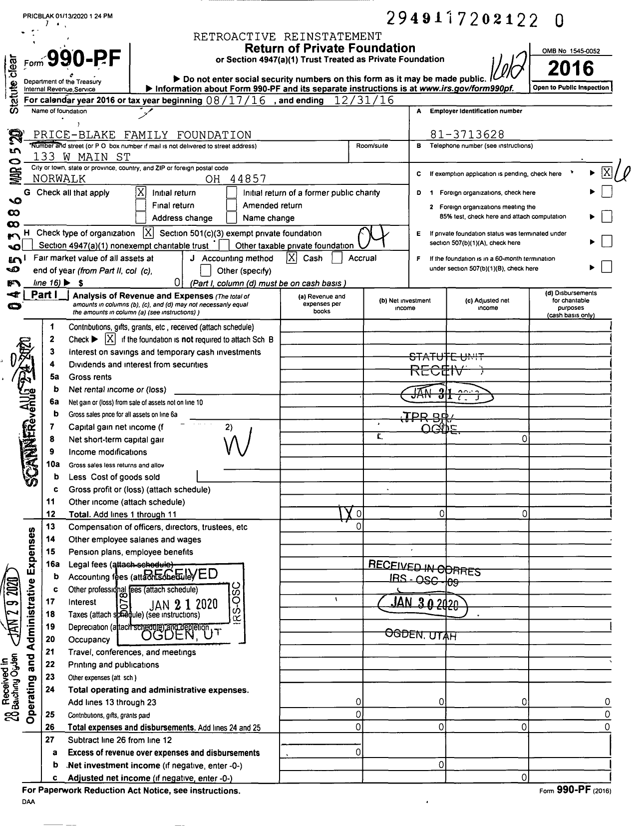 Image of first page of 2016 Form 990PR for Price-Blake Family Foundation