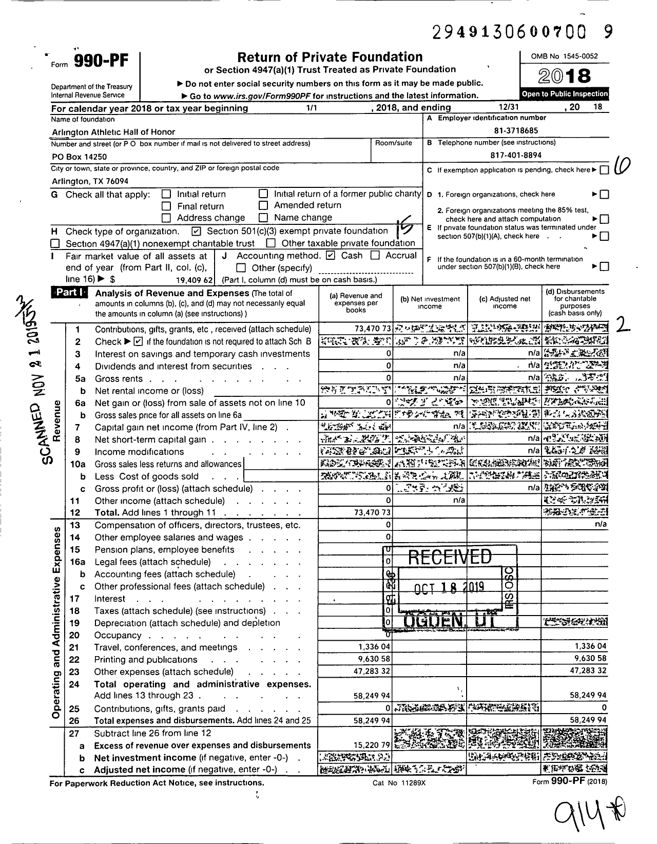 Image of first page of 2018 Form 990PF for Arlington Athletics Hall of Honor Foundation