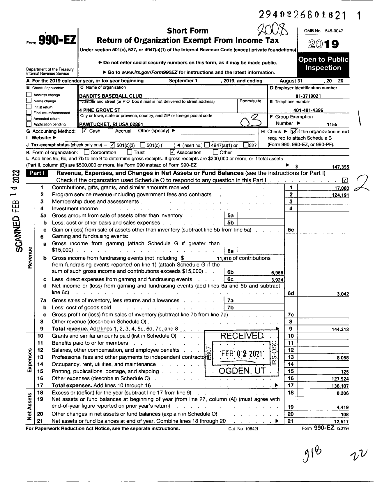 Image of first page of 2019 Form 990EZ for Amateur Athletic Union - Bandits Baseball Club