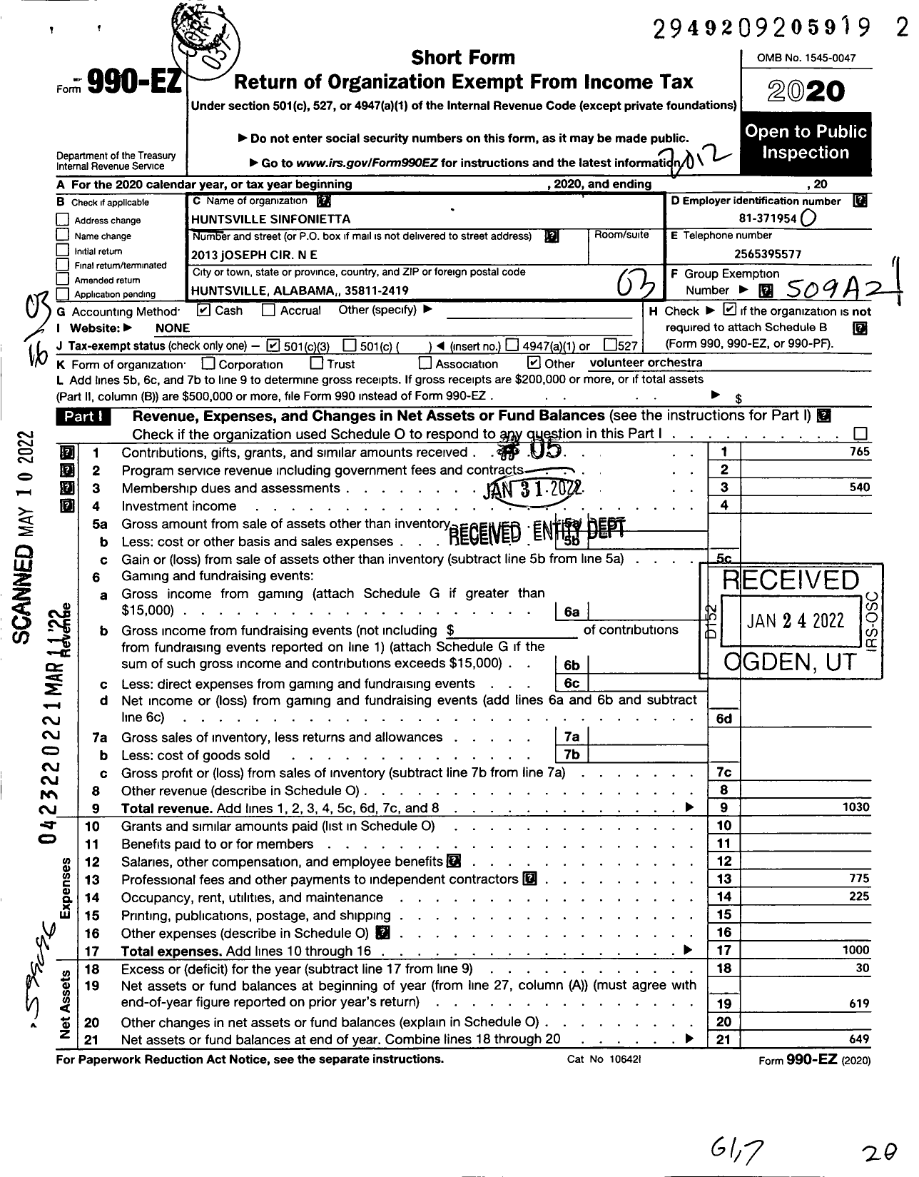 Image of first page of 2020 Form 990EZ for Huntsville Sinfonietta