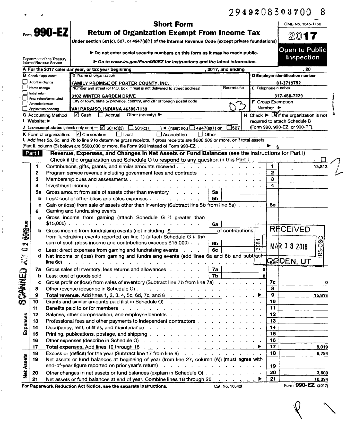 Image of first page of 2017 Form 990EZ for Family Promise of Porter County