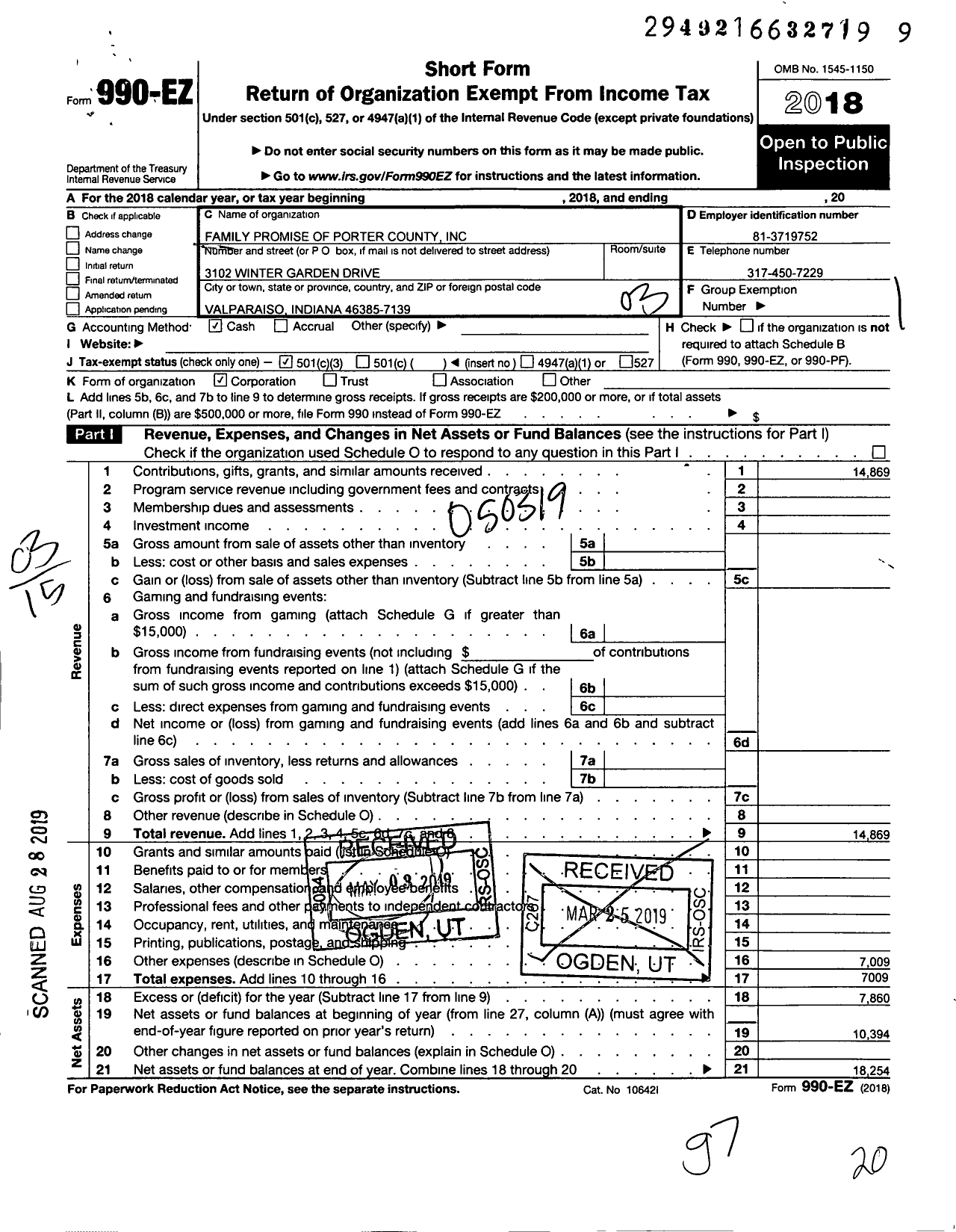 Image of first page of 2018 Form 990EZ for Family Promise of Porter County