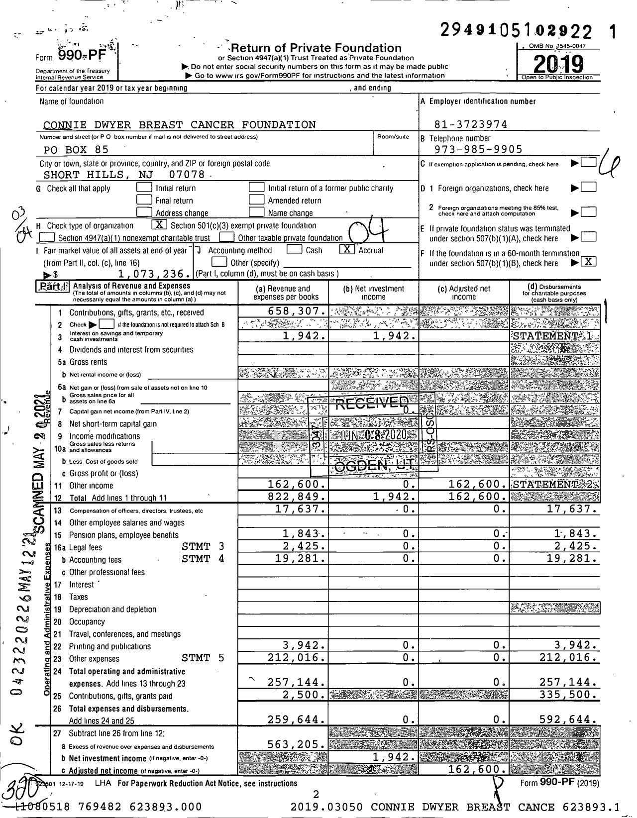 Image of first page of 2019 Form 990PF for Connie Dwyer Breast Cancer Foundation