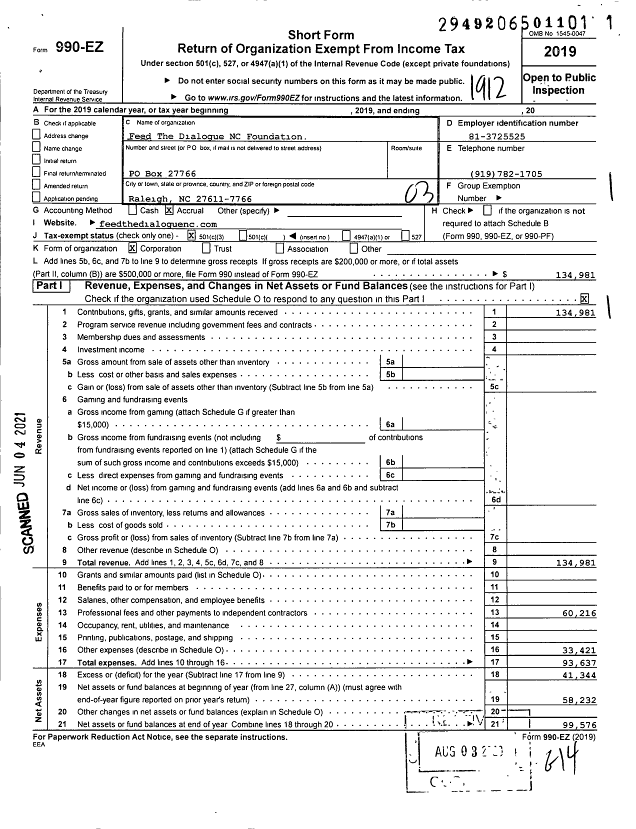 Image of first page of 2019 Form 990EZ for Feed the Dialogue NC Foundation