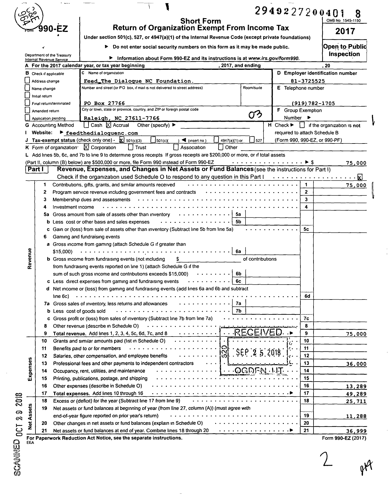 Image of first page of 2017 Form 990EZ for Feed the Dialogue NC Foundation