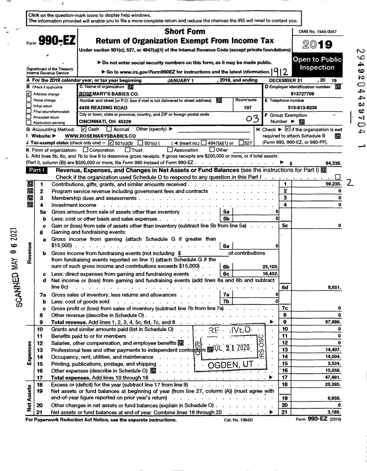 Image of first page of 2019 Form 990EZ for Rosemary's Babies Co