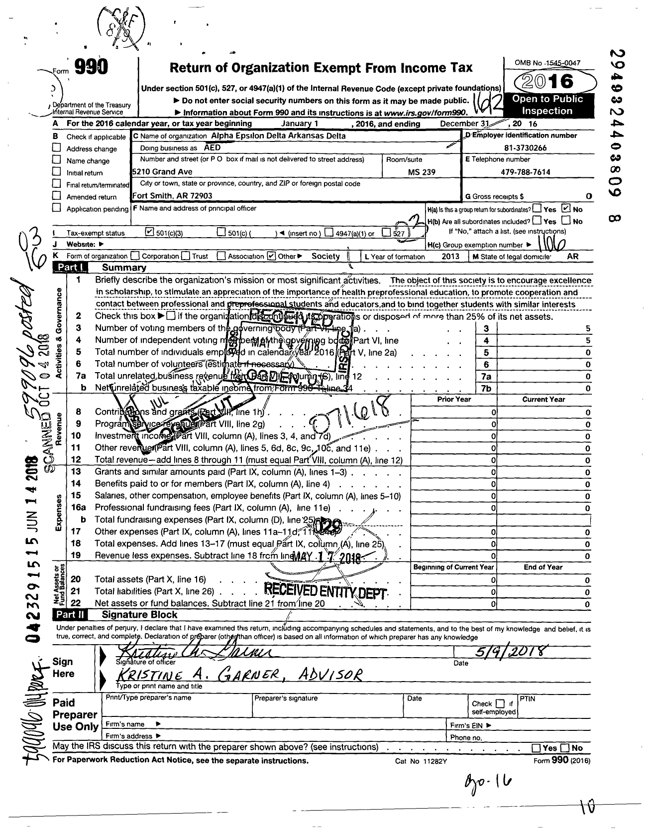 Image of first page of 2016 Form 990 for Alpha Epsilon Delta - 220 Arkansas Delta Chapter of Aed