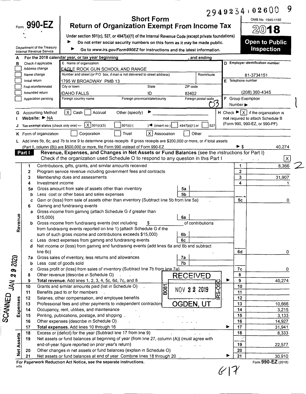 Image of first page of 2018 Form 990EZ for Eagle Rock Gun School and Range