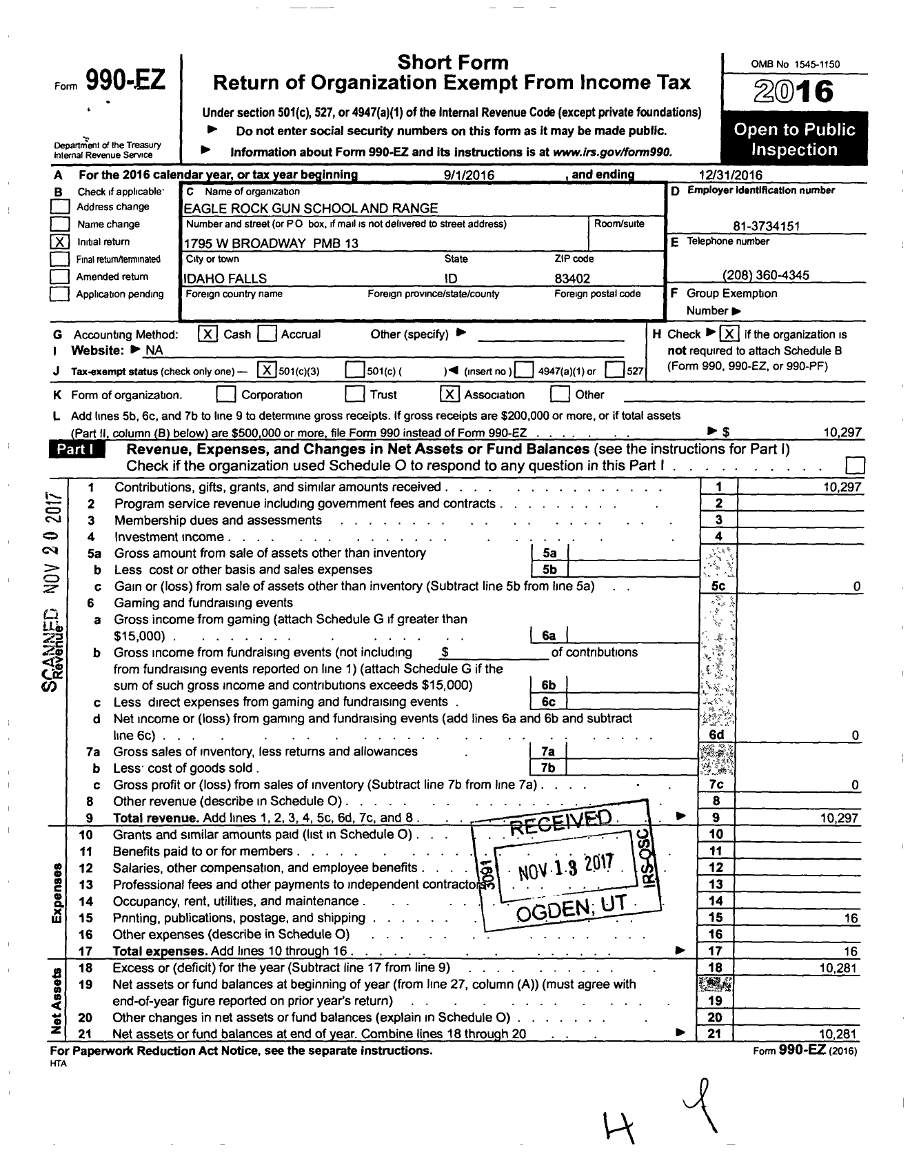 Image of first page of 2016 Form 990EZ for Eagle Rock Gun School and Range