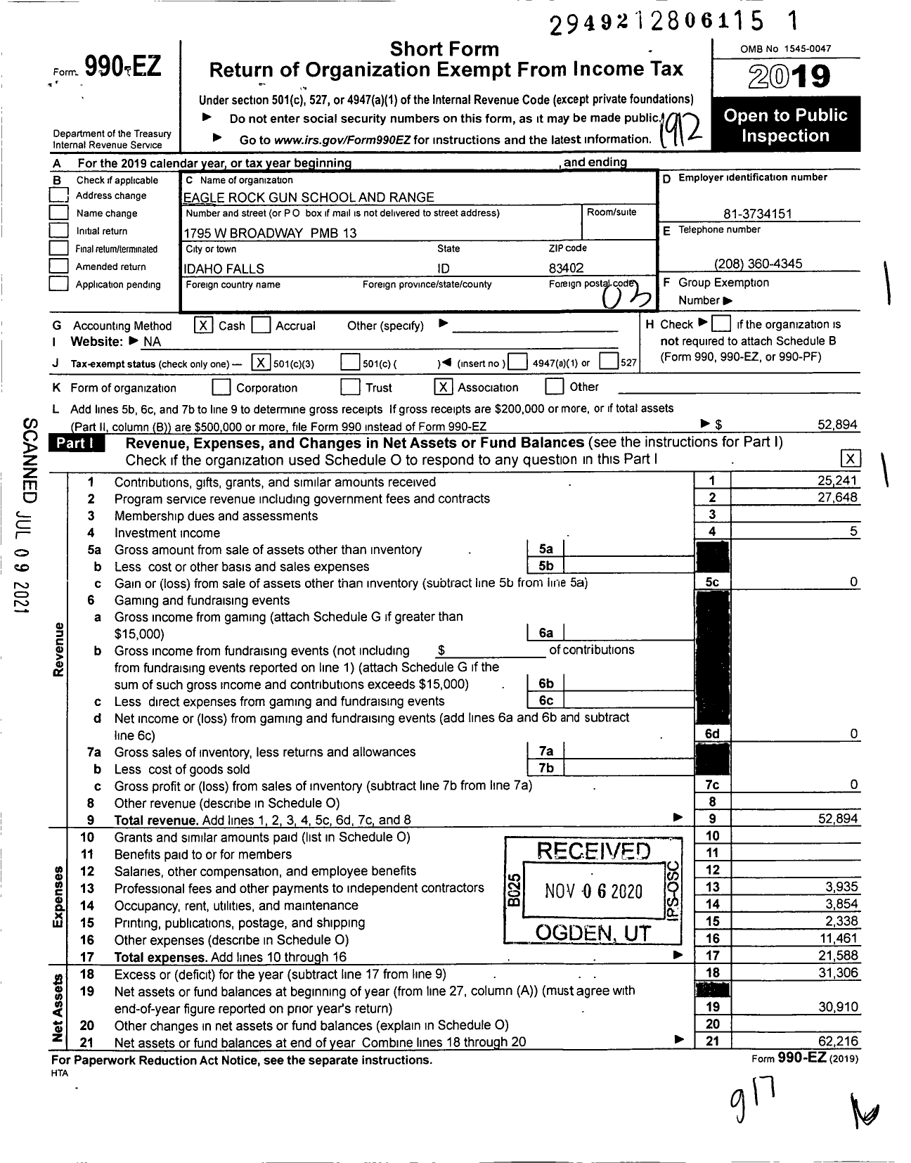 Image of first page of 2019 Form 990EZ for Eagle Rock Gun School and Range