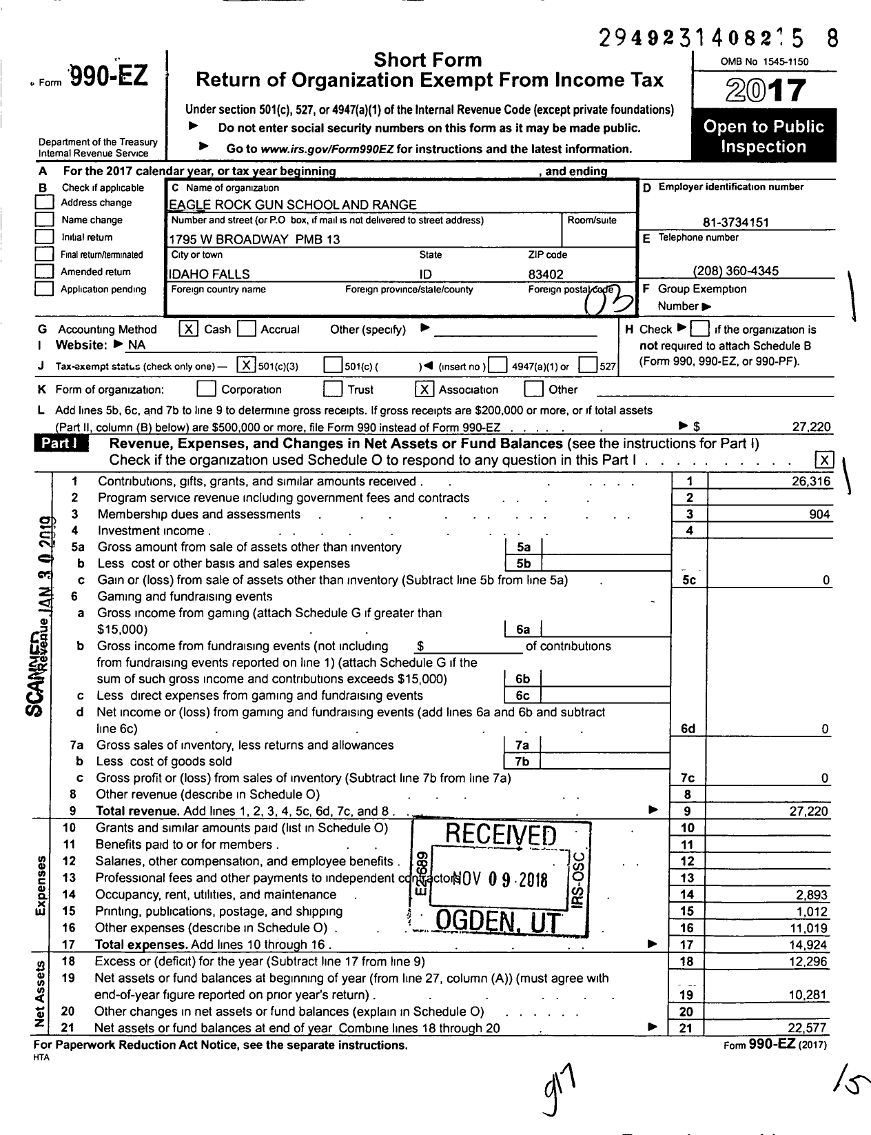 Image of first page of 2017 Form 990EZ for Eagle Rock Gun School and Range