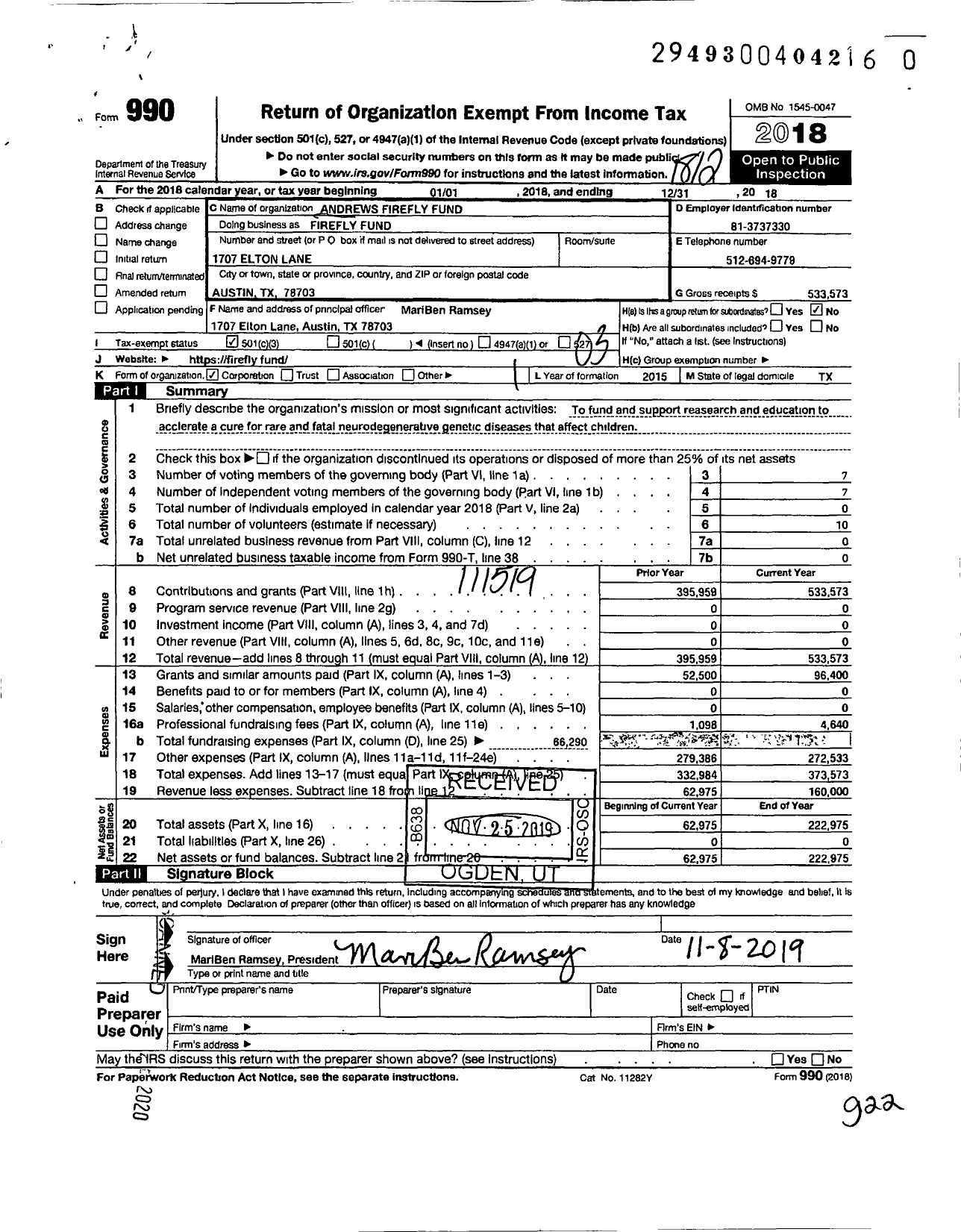 Image of first page of 2018 Form 990 for Andrews Firefly Fund