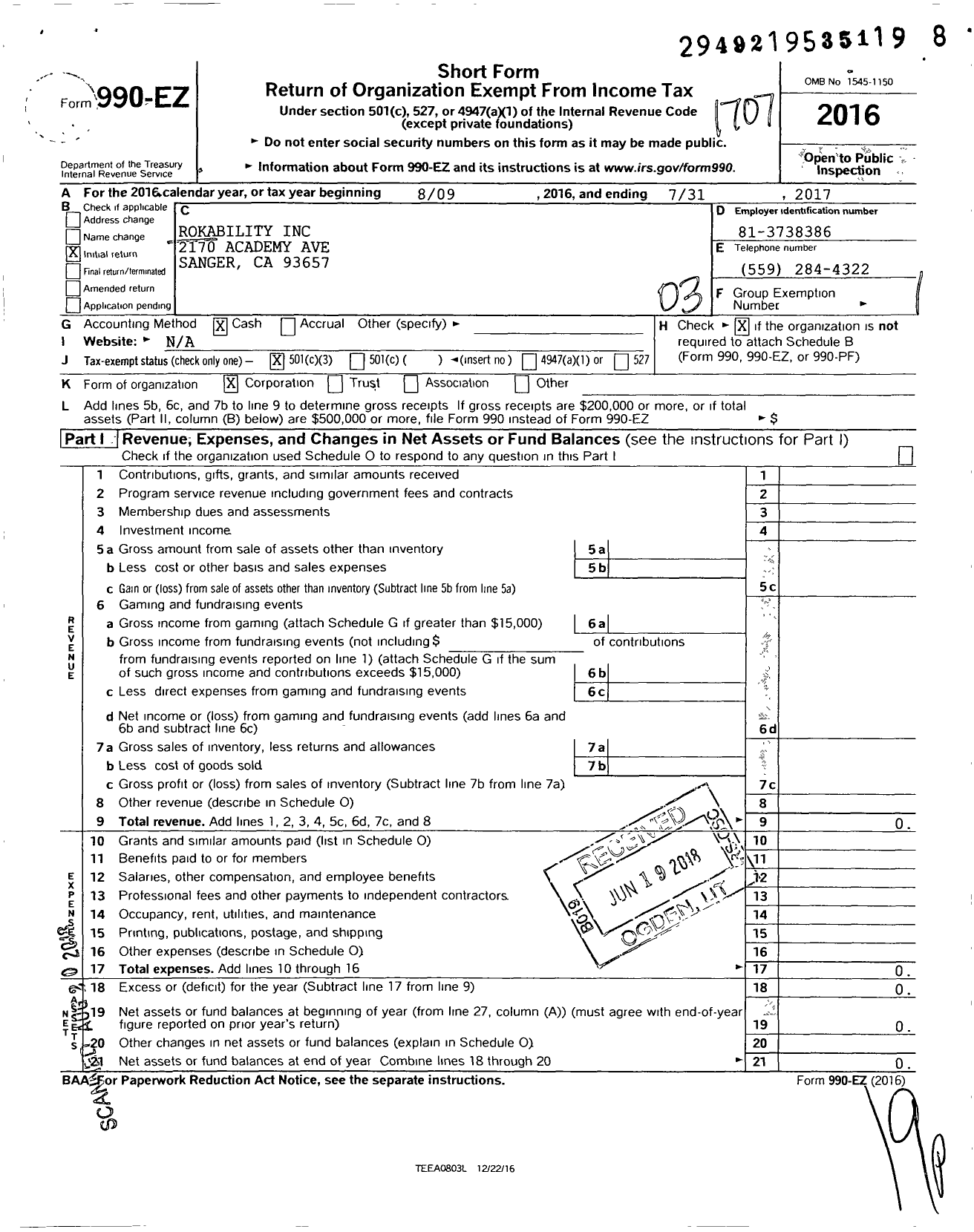 Image of first page of 2016 Form 990EZ for Rokability