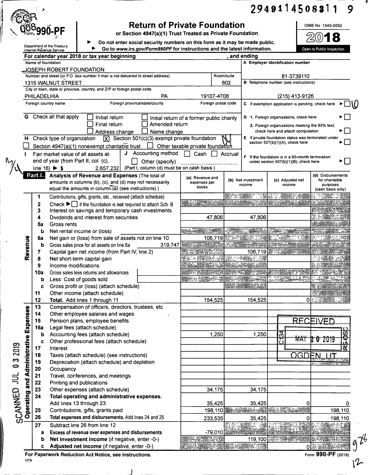 Image of first page of 2018 Form 990PF for Joseph Robert Foundation