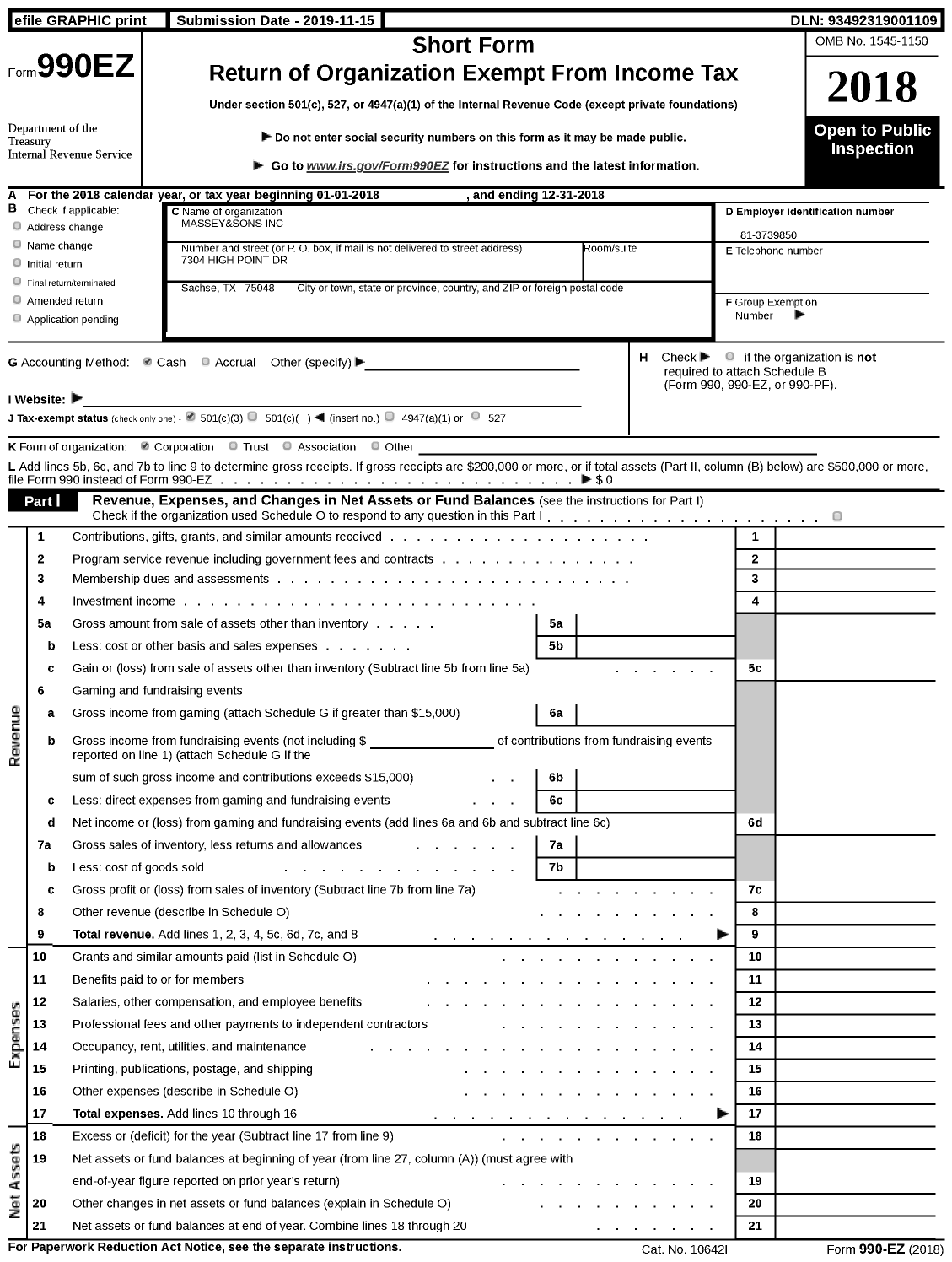 Image of first page of 2018 Form 990EZ for Massey and Sons