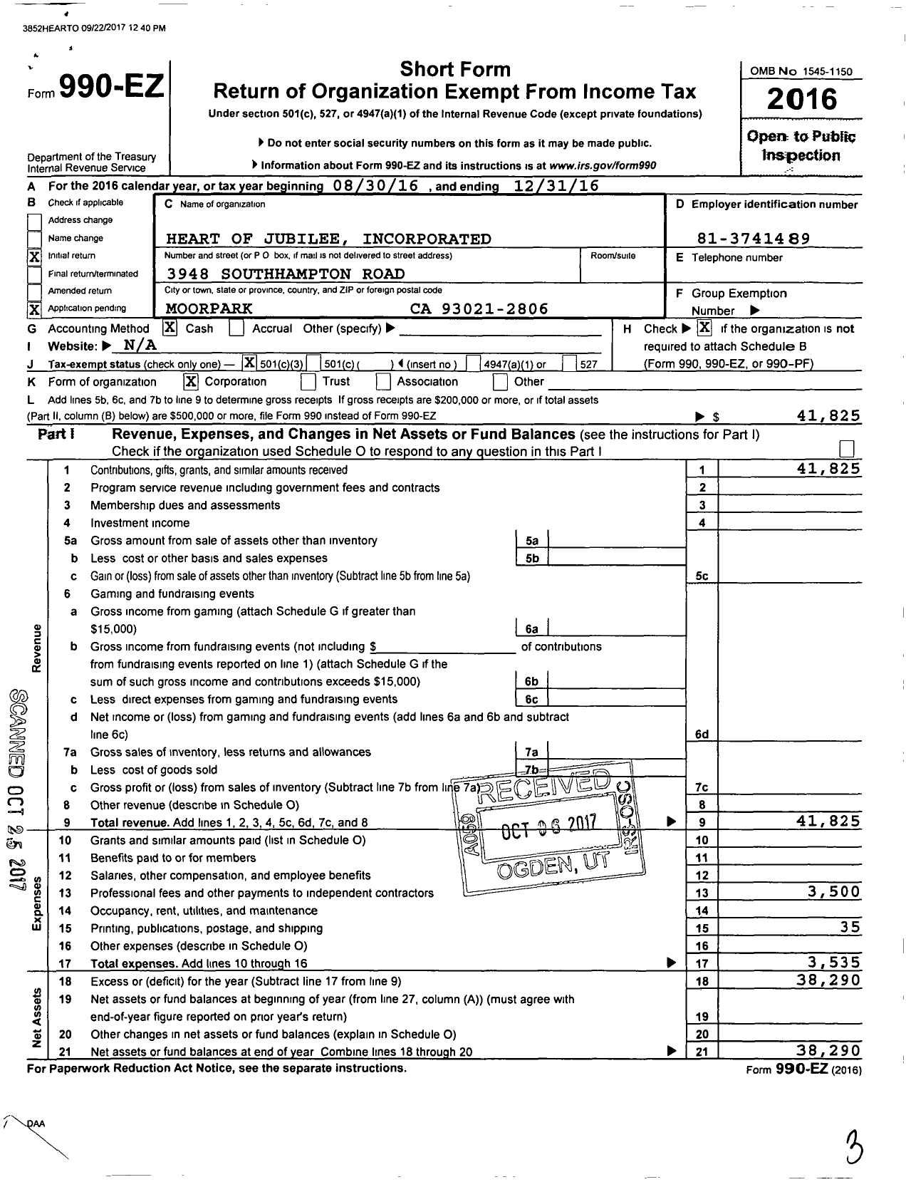 Image of first page of 2016 Form 990EZ for Heart of Jubilee Incorporated