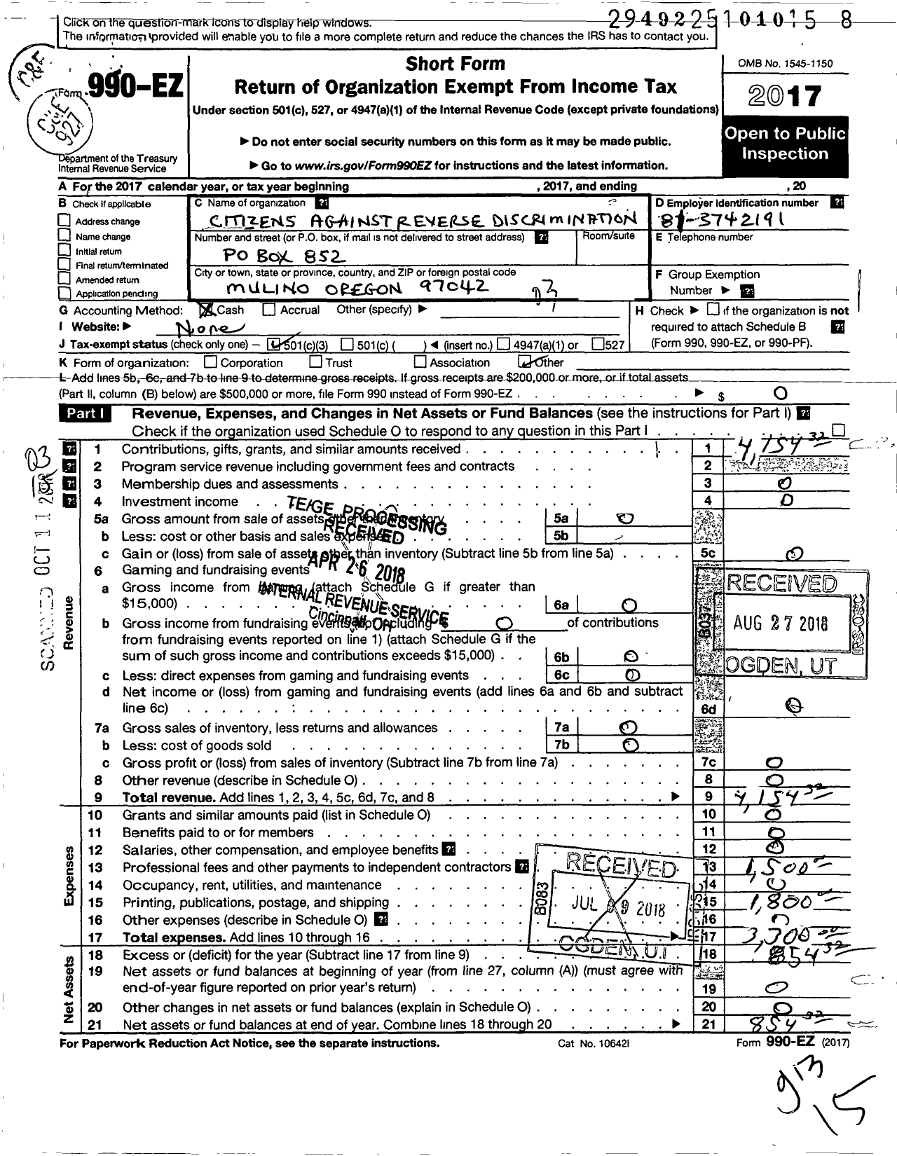 Image of first page of 2017 Form 990EZ for Citizens Against Reverse Discrimination