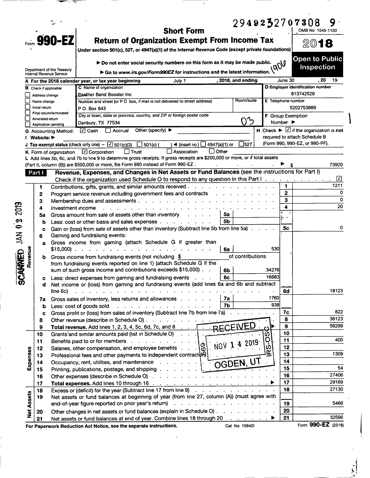 Image of first page of 2018 Form 990EZ for Parent Booster USA / Panther Band Booster Inc