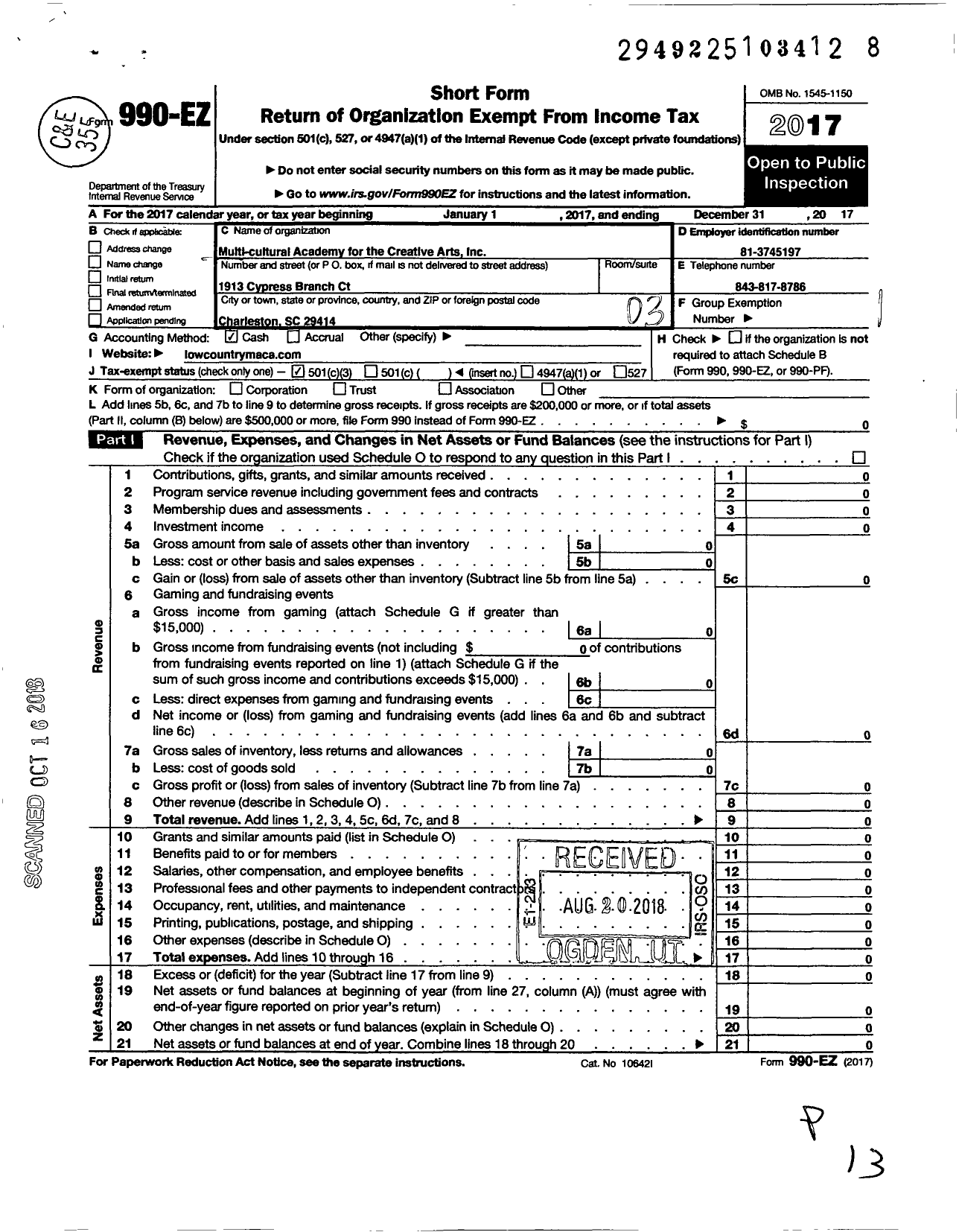 Image of first page of 2017 Form 990EZ for Multi-Cultural Academy for the Crea (MACA)