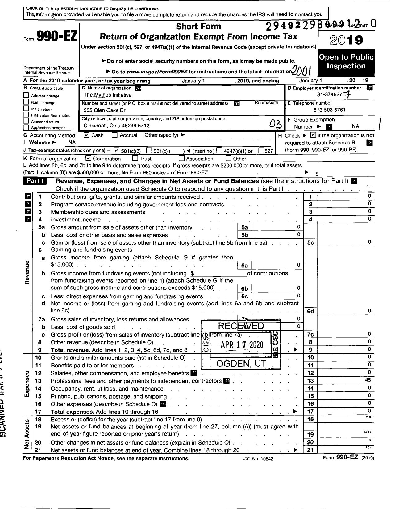 Image of first page of 2019 Form 990EZ for Mythos Initiative