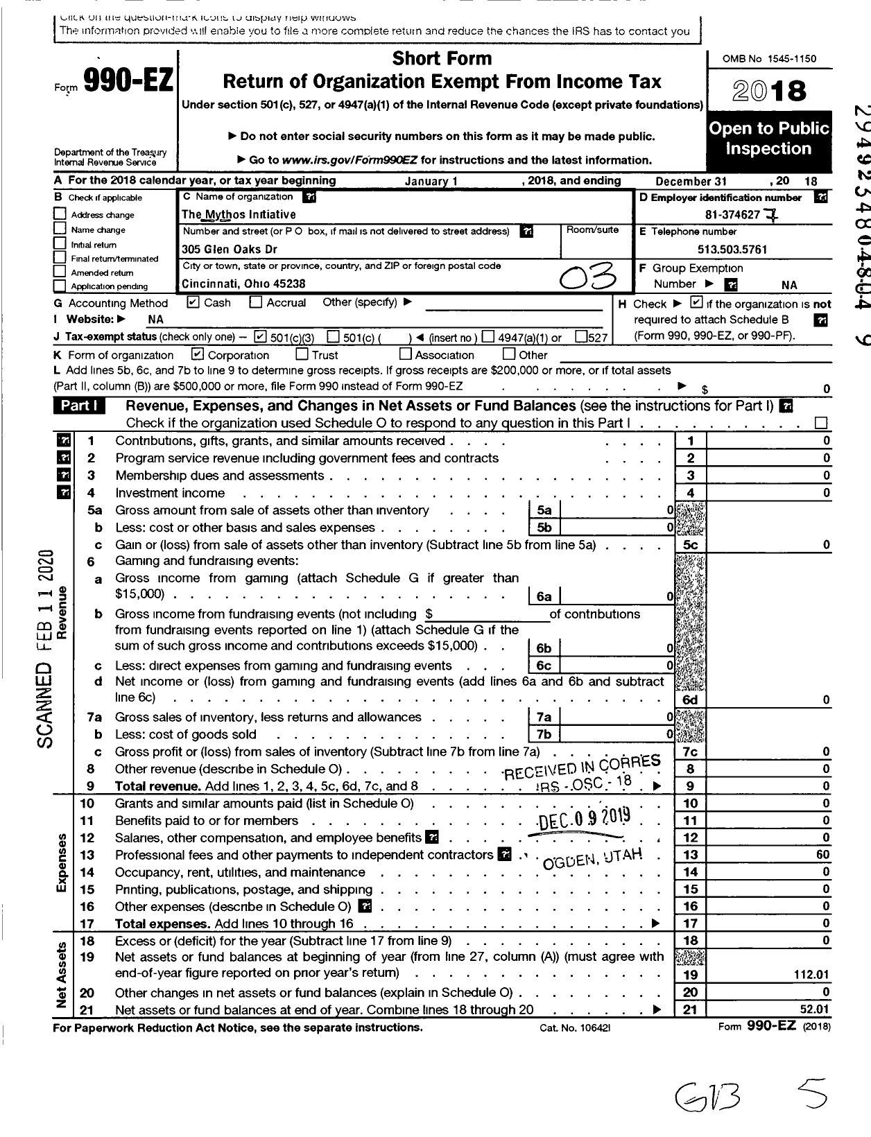 Image of first page of 2018 Form 990EZ for Mythos Initiative