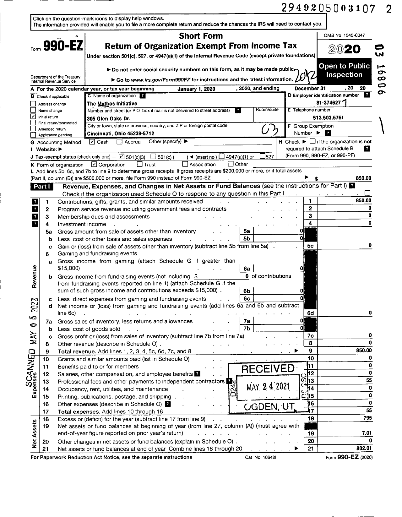 Image of first page of 2020 Form 990EZ for Mythos Initiative