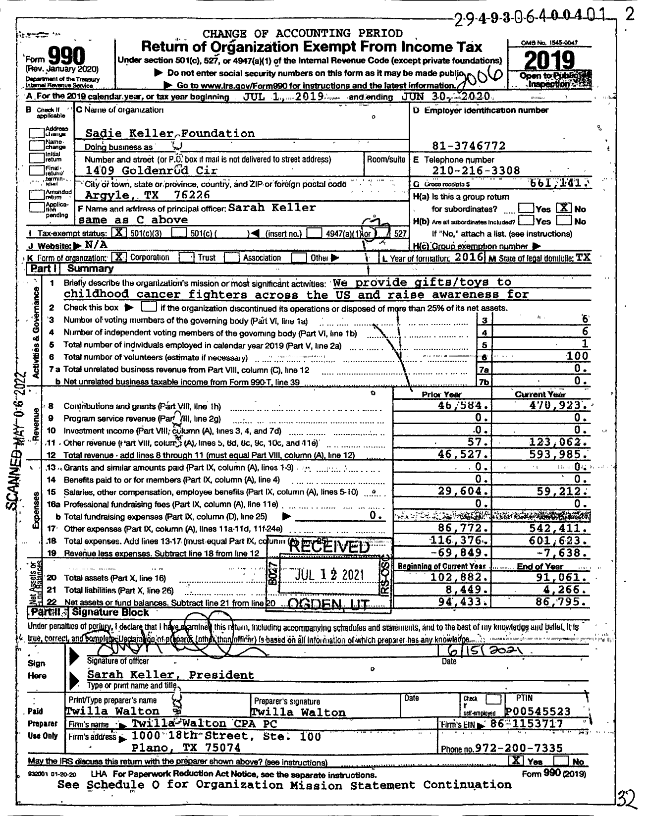 Image of first page of 2019 Form 990 for Sadie Keller Foundation