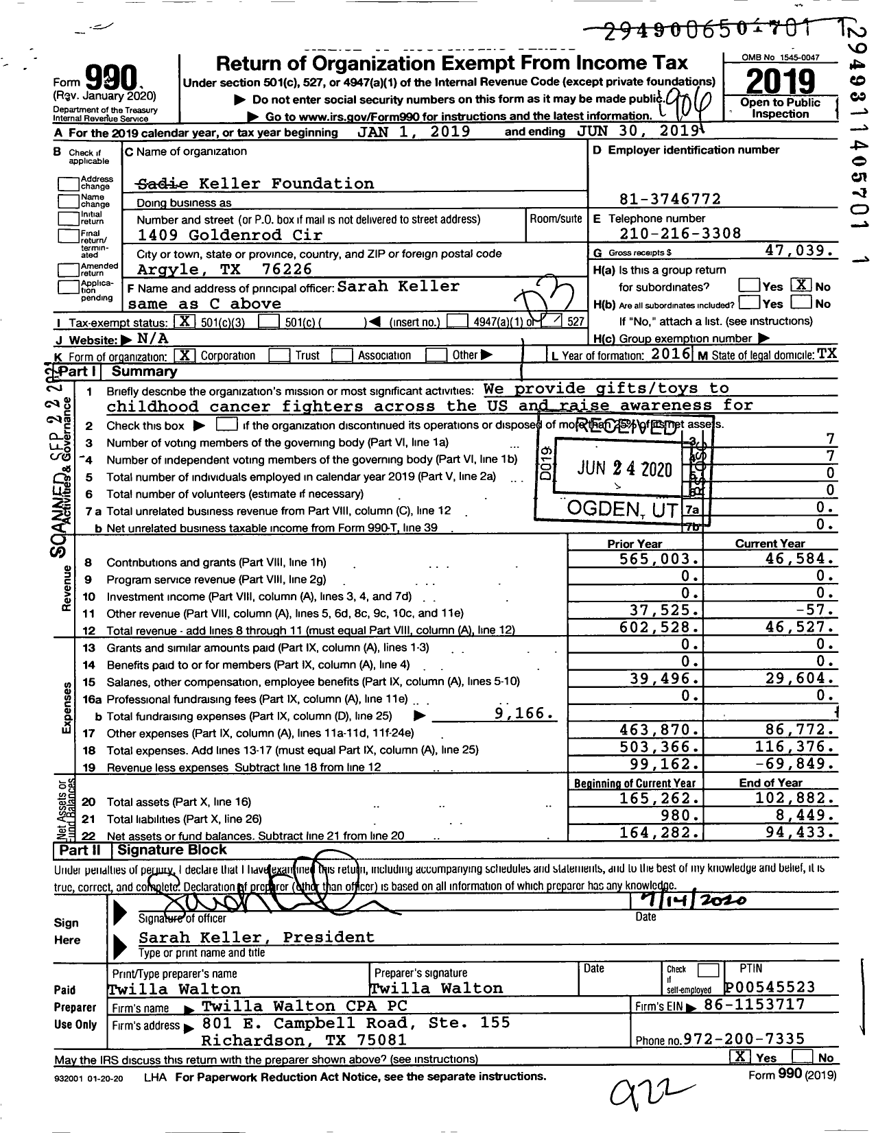 Image of first page of 2018 Form 990 for Sadie Keller Foundation