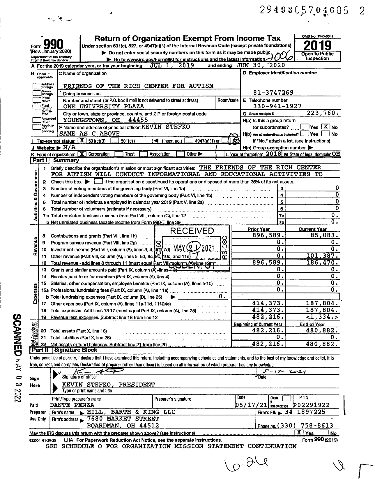 Image of first page of 2019 Form 990 for Friends of the Rich Center for Autism