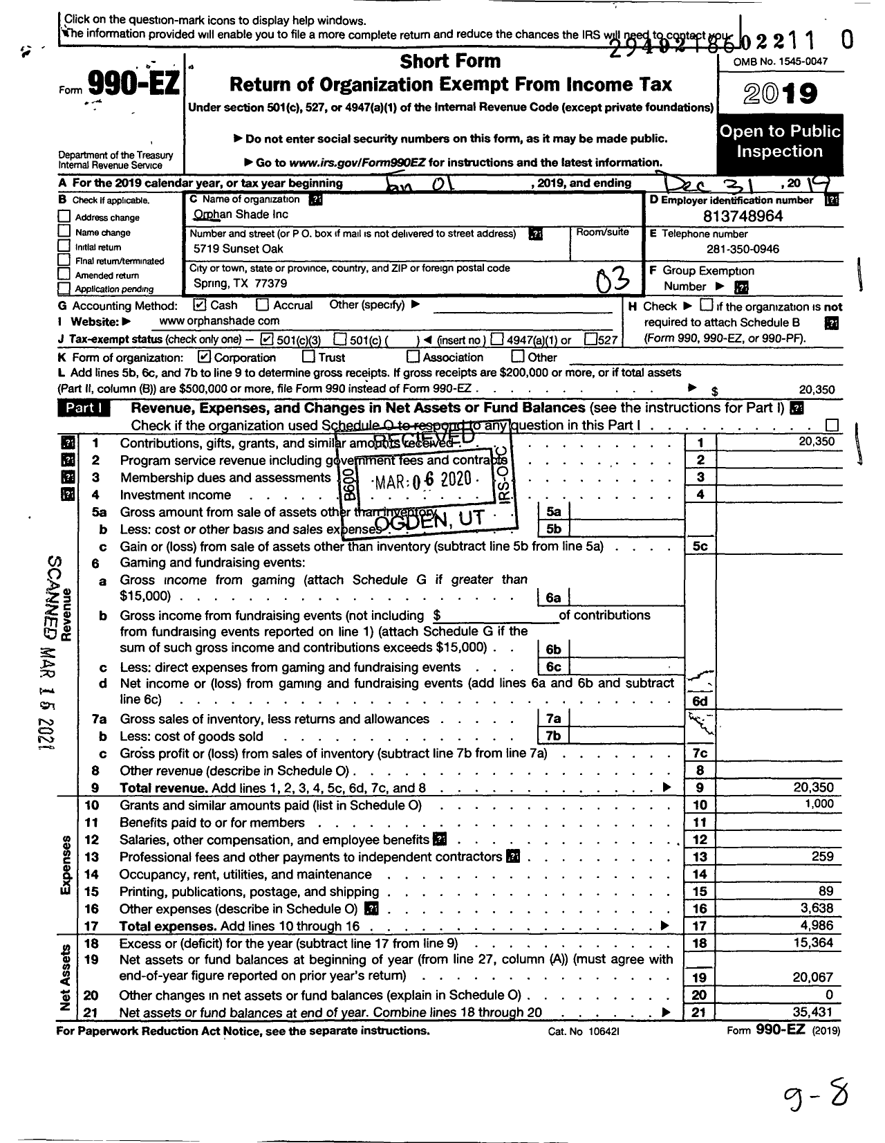Image of first page of 2019 Form 990EZ for Orphan Shade