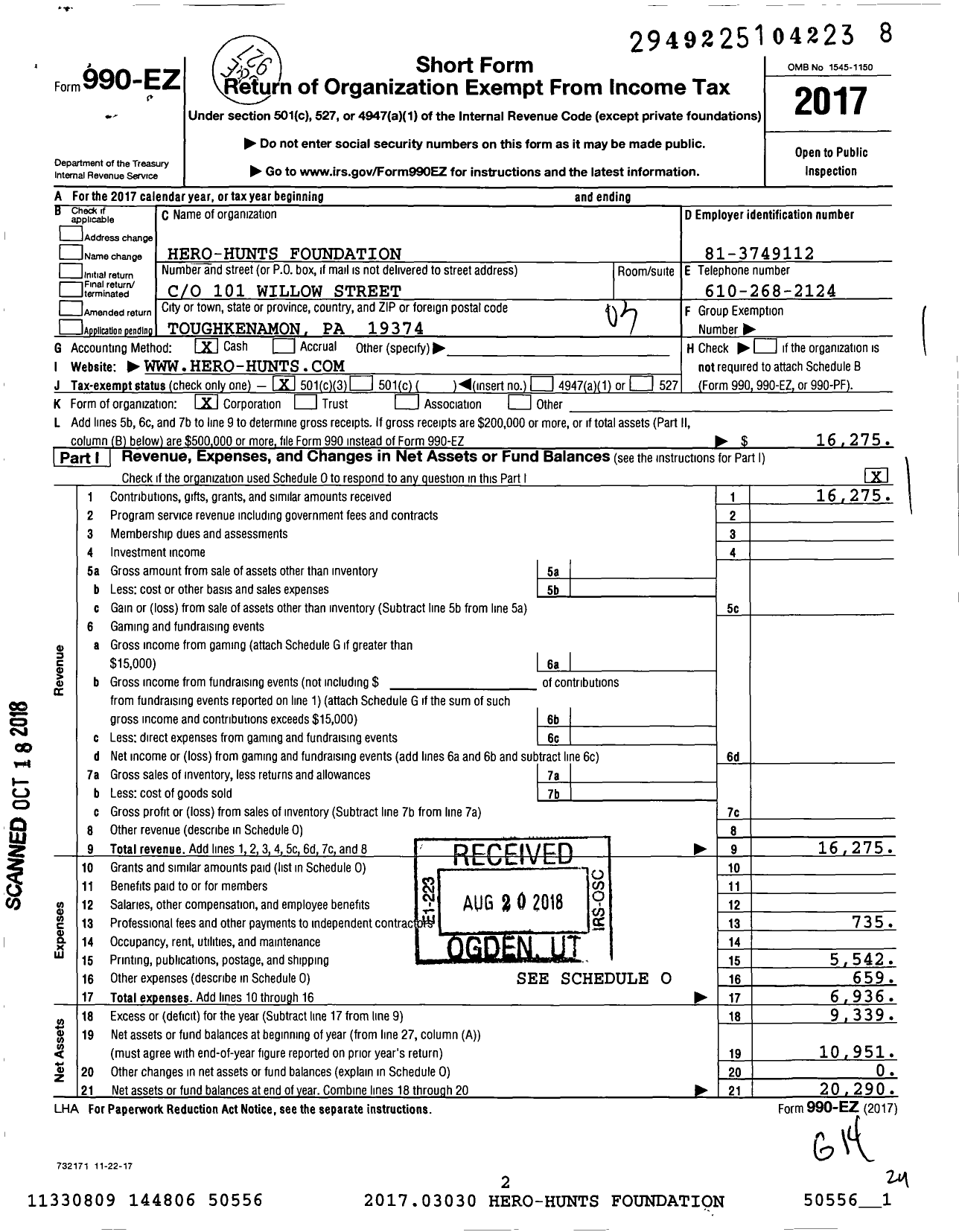 Image of first page of 2017 Form 990EZ for Hero-Hunts Foundation