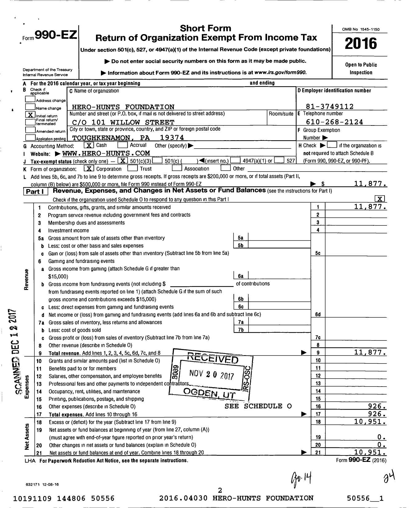 Image of first page of 2016 Form 990EZ for Hero-Hunts Foundation