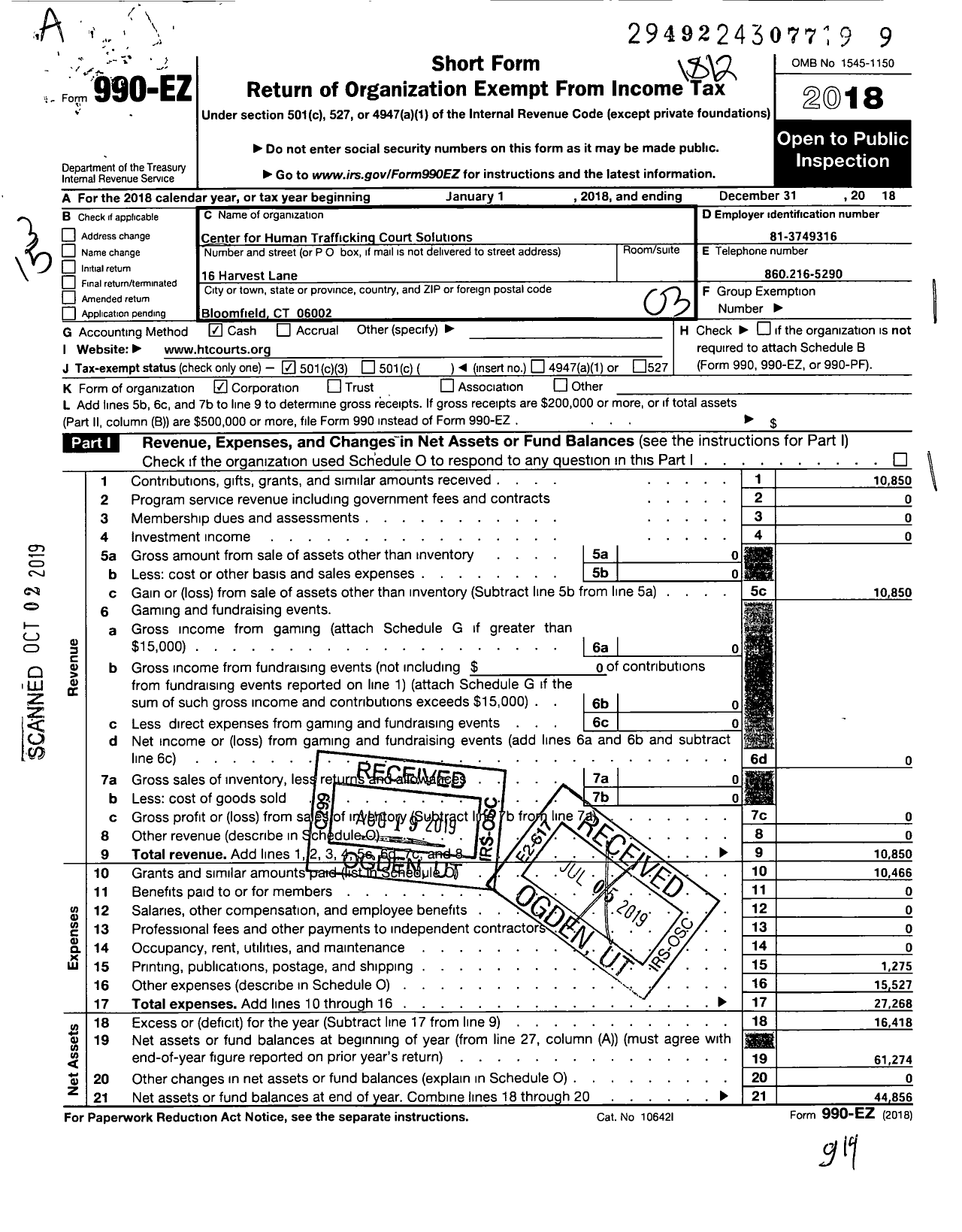 Image of first page of 2018 Form 990EZ for Center for Human Trafficking Court Solutions