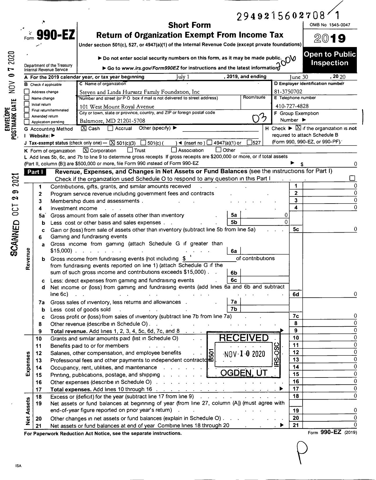 Image of first page of 2019 Form 990EZ for Steven and Linda Hurwitz Family Foundation