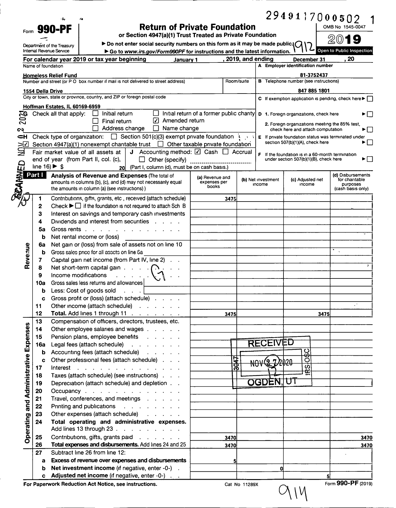 Image of first page of 2019 Form 990PF for Homeless Relief Fund