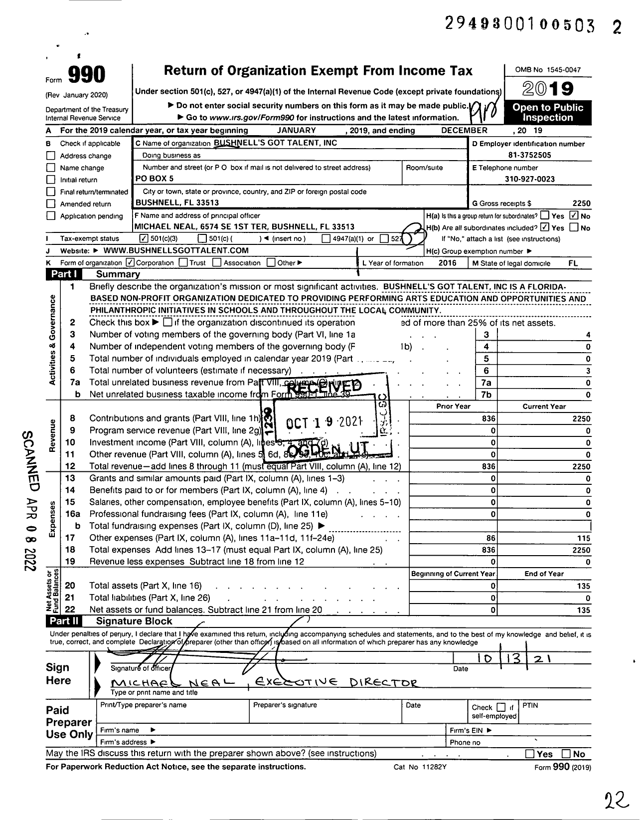 Image of first page of 2019 Form 990 for Bushnells Got Talent