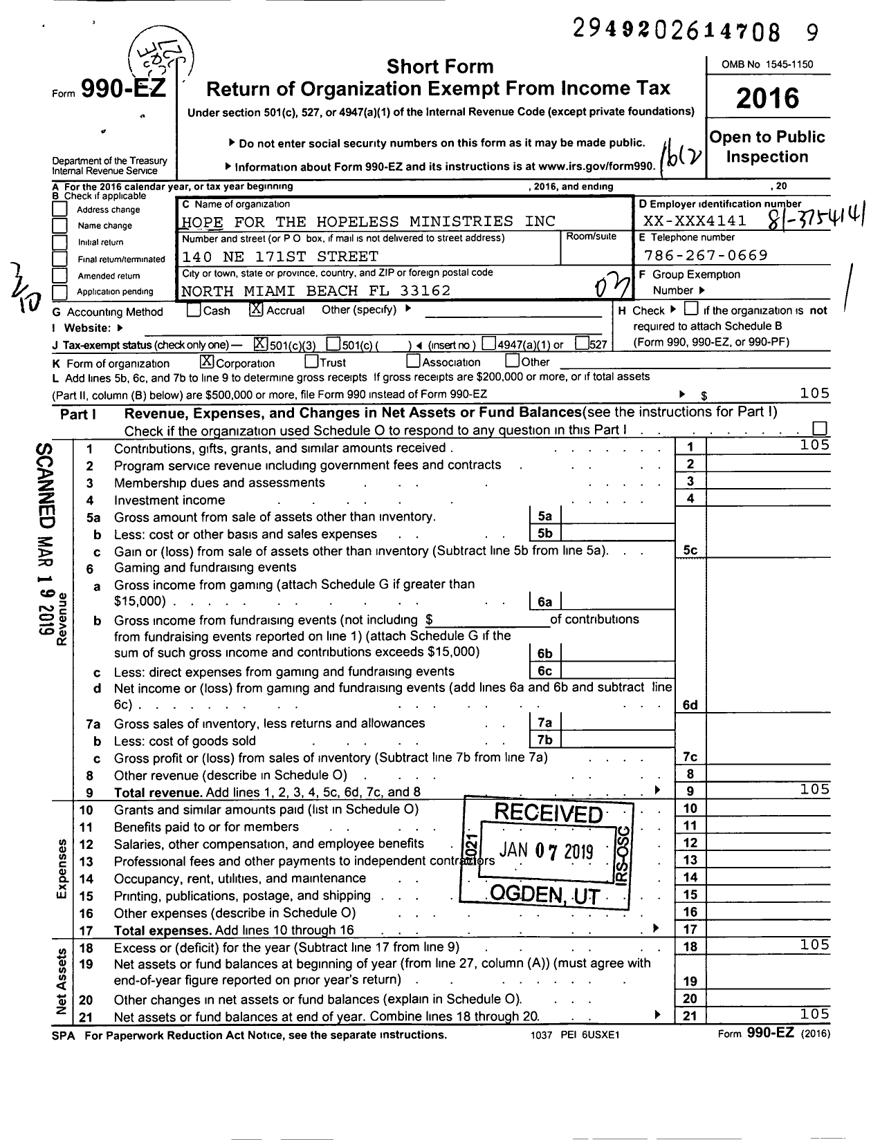 Image of first page of 2016 Form 990EZ for Hope for the Hopeless Ministries