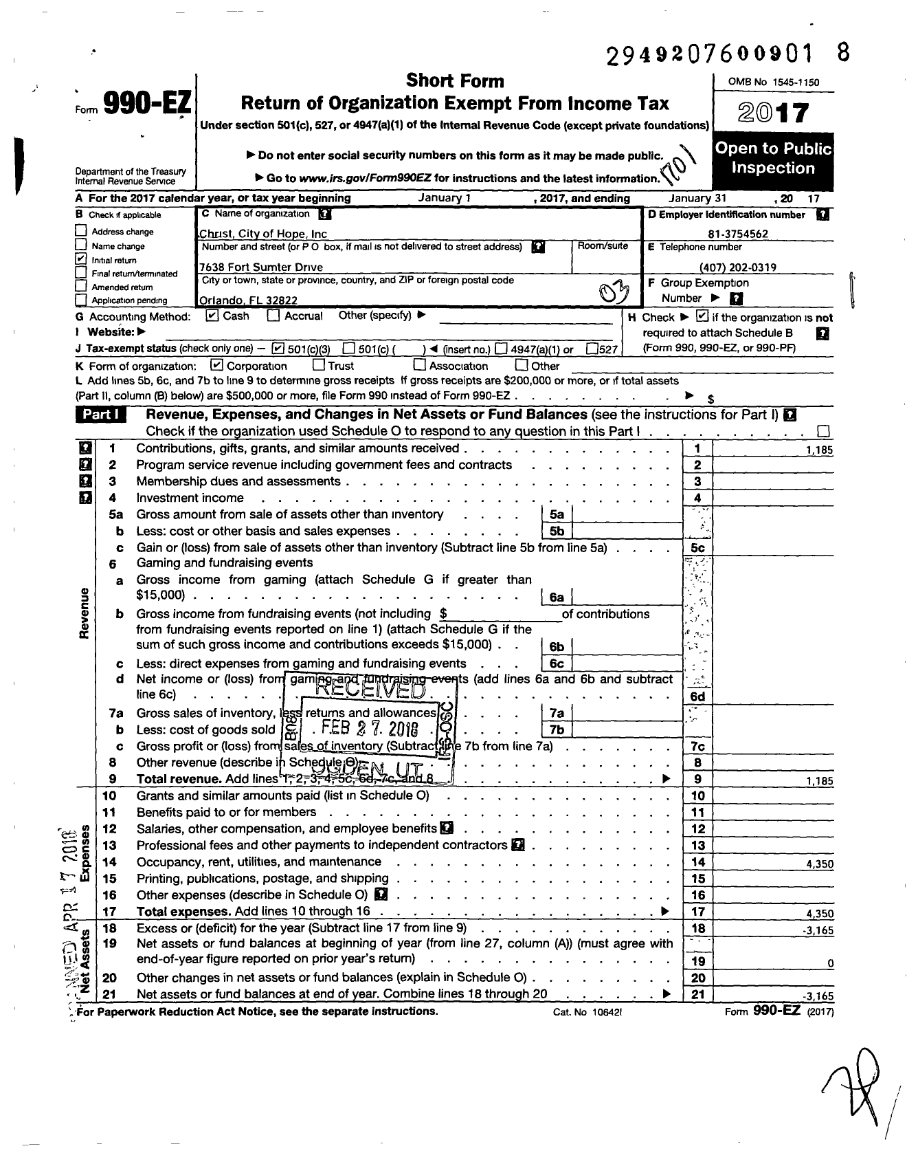 Image of first page of 2016 Form 990EZ for Christ City of Hope