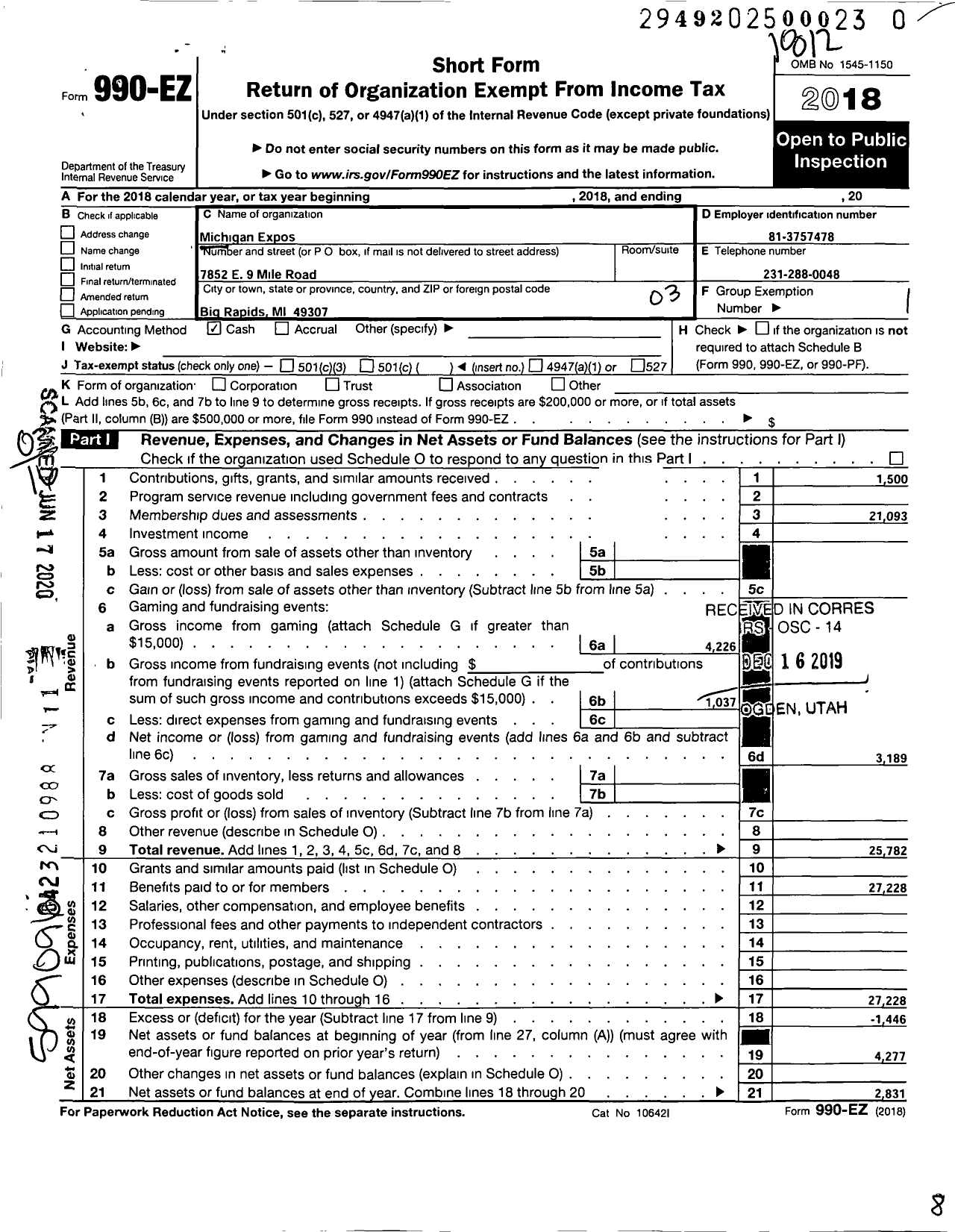 Image of first page of 2018 Form 990EZ for Michigan Expos