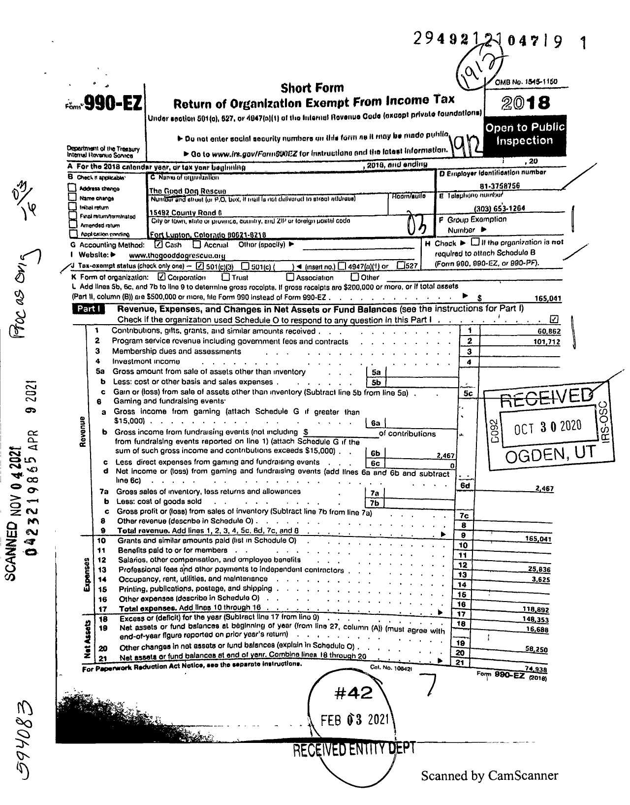 Image of first page of 2019 Form 990EZ for Good Dog Rescue