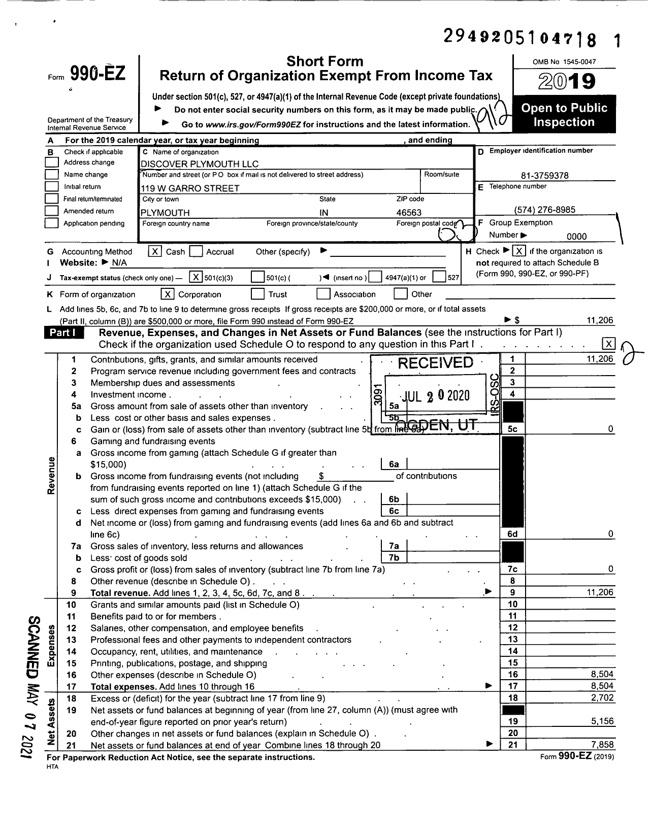 Image of first page of 2019 Form 990EZ for Discover Plymouth LLC
