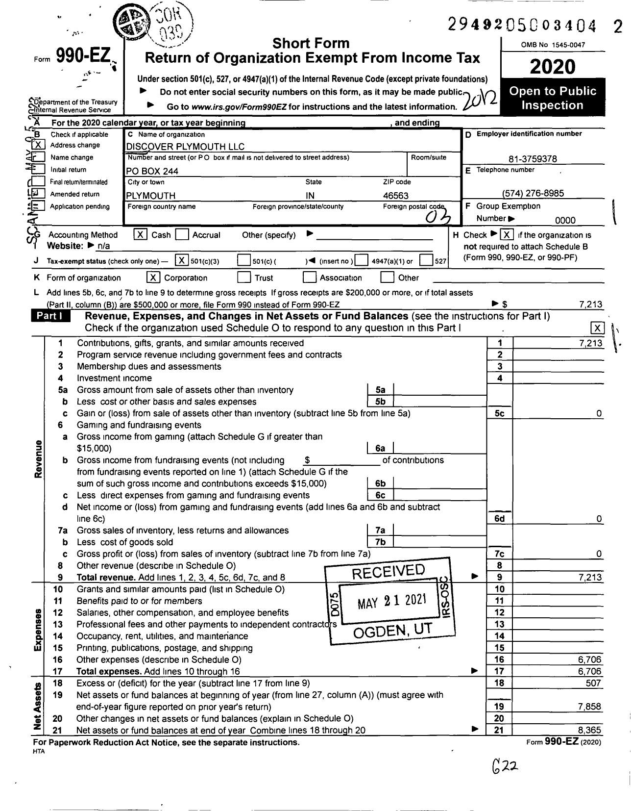 Image of first page of 2020 Form 990EZ for Discover Plymouth LLC