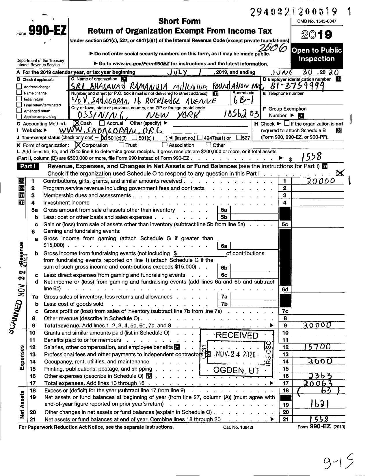 Image of first page of 2019 Form 990EZ for Sri Bhagavad Ramanuja Millenium Foundation